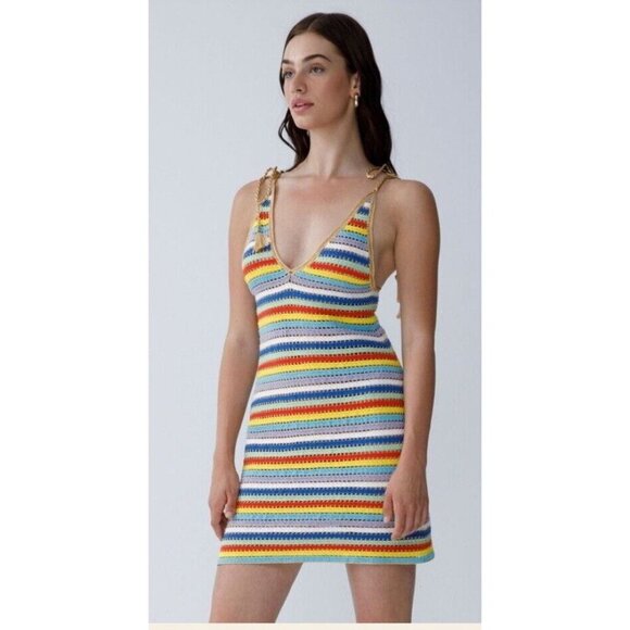 NWT My Beachy Side Crochet Ali Rainbow halter mini dress cover up size medium - Picture 4 of 13